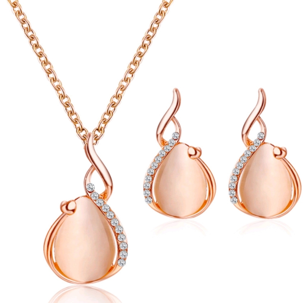 Rose Gold Opal Tear Drop Necklace & Earrings Jewelry Set Crystal Rhinestone NWT - Picture 4 of 4